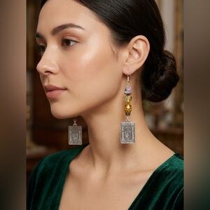 Artisan The High Priestess, Tarot Card Earrings with Glass Faceted Carved Beads